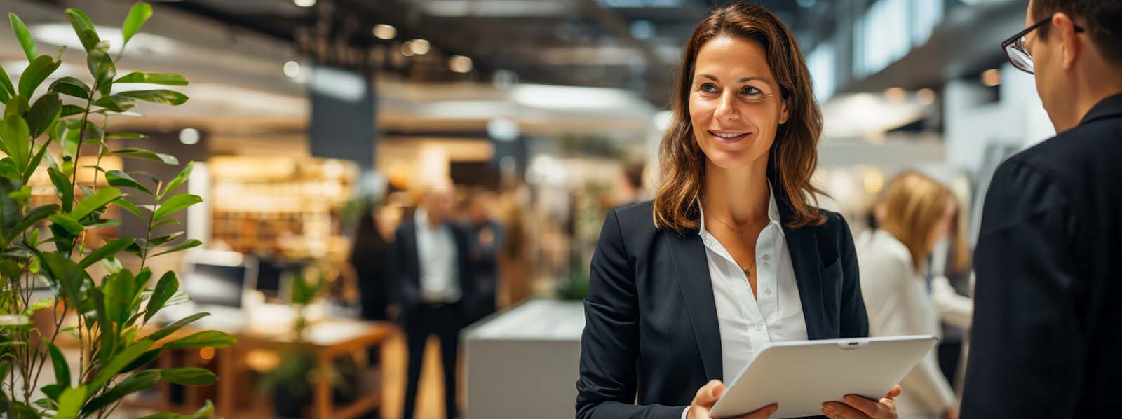 woman holding tablet and smiling, talking to man at trade show